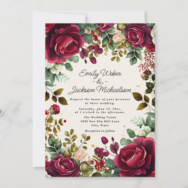 Invitation Elégant rouge Aquarelle Floral Parties scintillant (Devant)
