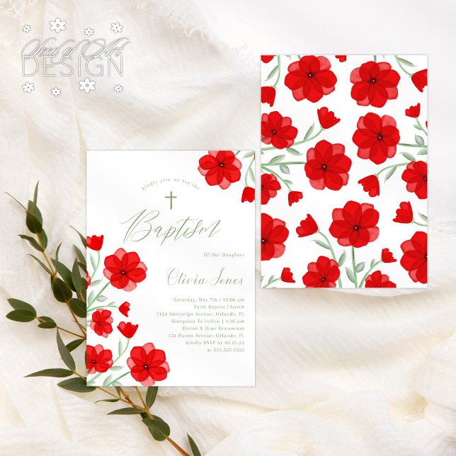 Invitation Elégant rouge Aquarelle Poppy Floral Baptême (Créateur téléchargé)