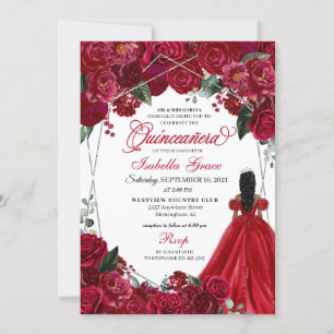 Invitation Elégant Rouge & Argent Floral Quinceanera Annivers