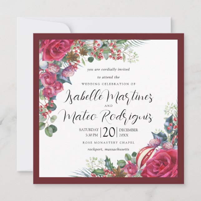 Invitation Élégant Rouge Blanc Floral Mariage de Noël Carré (Devant)