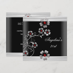 Invitation Elégant Rouge Blanc Noir 21e Fleurs d'anniversaire