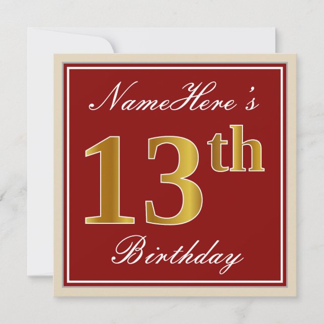 Invitation Elégant, Rouge, Faux Gold 13e anniversaire; Nom pe (Devant)