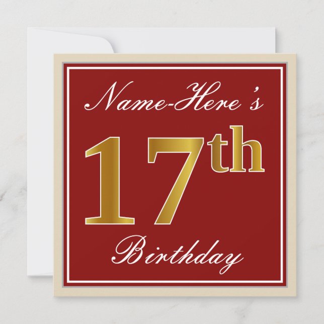 Invitation Elégant, Rouge, Faux Gold 17e anniversaire; Nom pe (Devant)