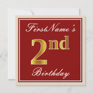 Invitation Elégant, Rouge, Faux Gold 2e anniversaire + Nom pe