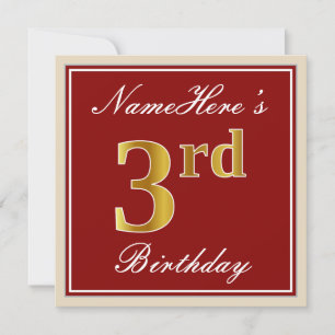 Invitation Elégant, Rouge, Faux Gold 3ème anniversaire + Nom 