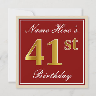 Invitation Elégant, rouge, Faux Gold 41e anniversaire ; Nom p