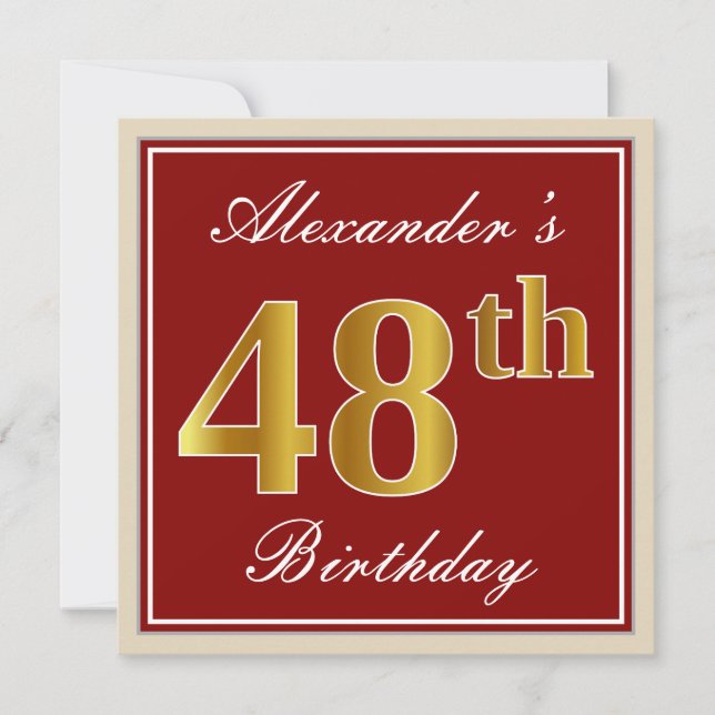 Invitation Elégant, Rouge, Faux Gold 48e anniversaire; Nom pe (Devant)