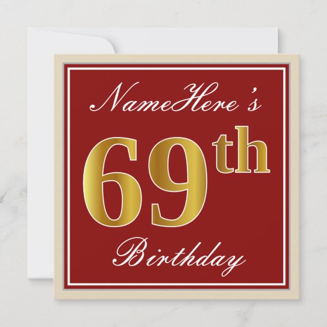 Invitation Elégant, Rouge, Faux Gold 69e anniversaire; Nom pe (Devant)
