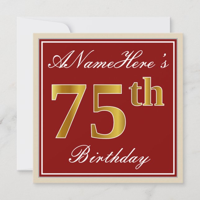 Invitation Elégant, rouge, Faux Gold 75e anniversaire ; Nom p (Devant)