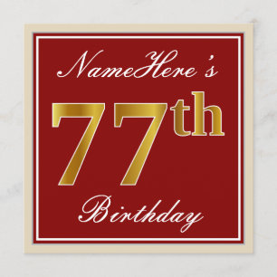Invitation Elégant, Rouge, Faux Gold 77e anniversaire; Nom pe