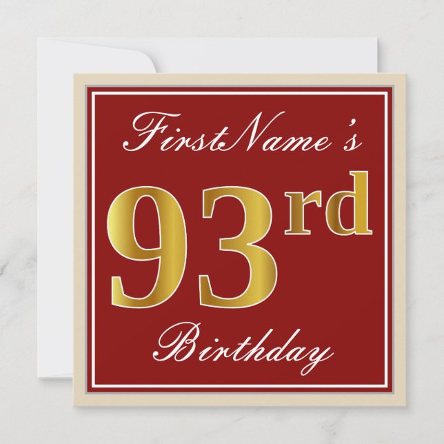 Invitation Elégant, Rouge, Faux Gold 93e anniversaire; Nom pe (Devant)