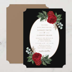 Invitation Élégant rouge floral noir & or Mariage