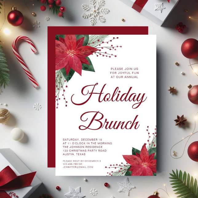 Invitation Elégant Rouge Floral Poinsettia Fête Brunch (Elegant Red Floral Poinsettia Holiday Brunch Invitation)