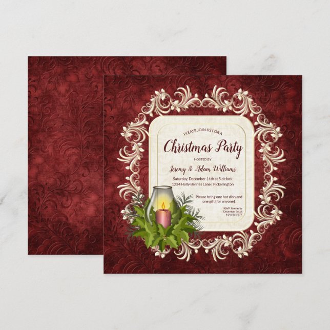 Invitation Élégant rouge foncé avec bougie fête de Noël (Devant / Derrière)