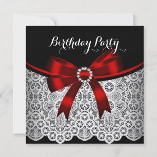 Invitation Elegant Rouge Nœud Noir Dentelle Blanche Fête d'an