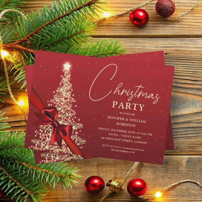 Invitation Élégant Rouge Or Chatoyant Noël Arbre vacances (Elegant Gold Red Shimmering Xmas Tree Holiday Invitation)