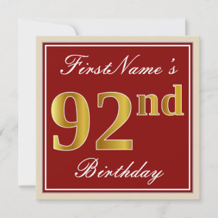 Invitation Elégant, Rouge, Or Faux 92e Anniversaire ; Nom per