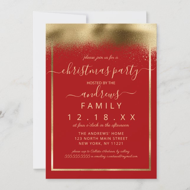 Invitation Elégant Rouge or huile vaporisé Confetti Noël (Devant)