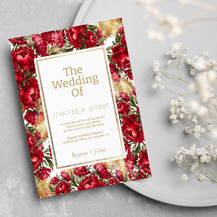 Invitation Elégant rouge or vert pivoines mariage floral