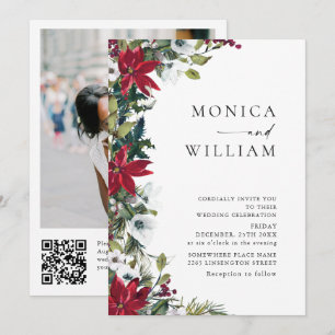 Invitation Élégant Rouge Poinsettia Mariage photo de Noël