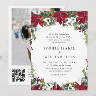 Invitation Élégant Rouge Poinsettia Mariage photo de Noël