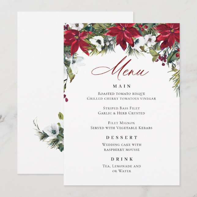 Invitation Elégant Rouge Poinsettia Menu Mariage de Noël (Devant / Derrière)