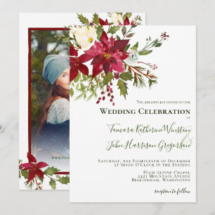 Invitation Élégant Rouge Poinsettia Photo Mariage de Noël
