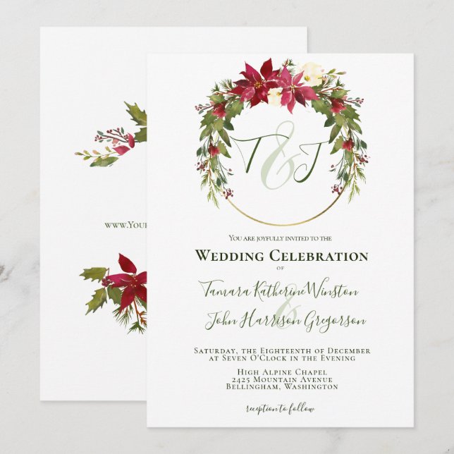 Invitation Elégant Rouge Poinsettia Verdure Mariage de Noël (Devant / Derrière)