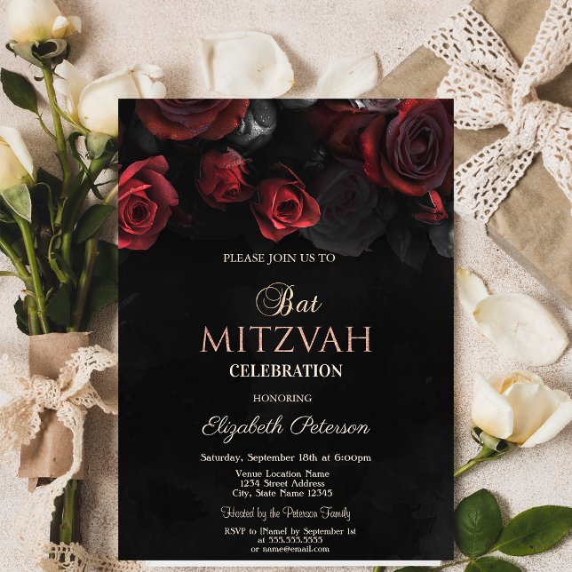 Invitation Élégant rouge Roses Bat mitzvah gothique (Créateur téléchargé)