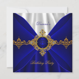 Invitation Elégant Royal Bleu Bijou d'Or Blanc Soie