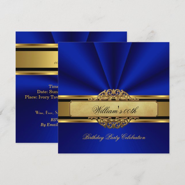 Invitation Elégant Royal bleu Gold Anniversaire Fête Mens Man (Devant / Derrière)