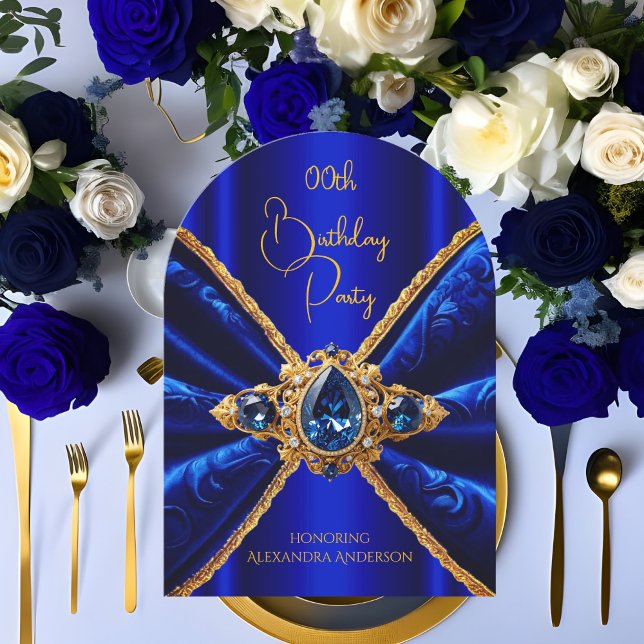 Invitation Elégant Royal Blue Birthday Gold Jewel Faux Velvet (Créateur téléchargé)