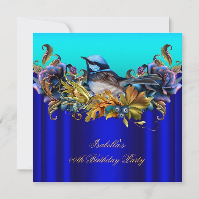 Invitation Elégant Royal Blue Bluebird Turquoise Gold Anniver (Devant)