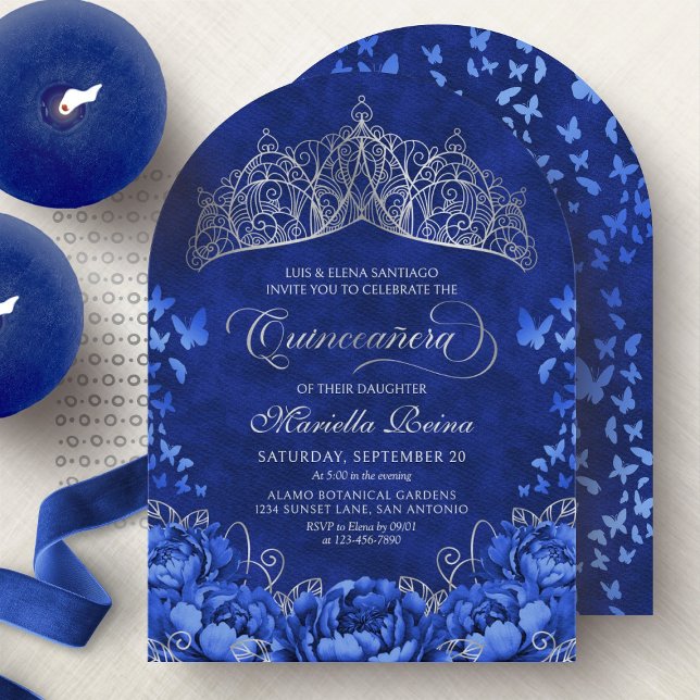 Invitation Élégant Royal Blue Butterflies Crown Quinceanera (Créateur téléchargé)