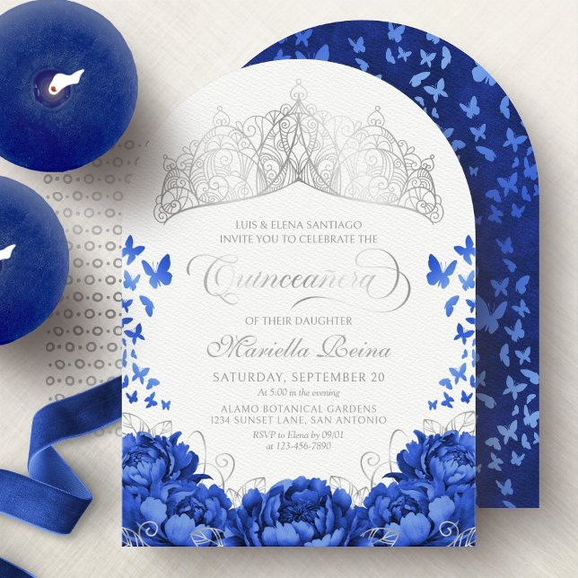 Invitation Élégant Royal Blue Butterflies Crown Quinceanera (Créateur téléchargé)