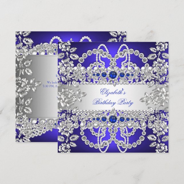 Invitation Elégant Royal Blue Diamonds Silver Floral Annivers (Devant / Derrière)