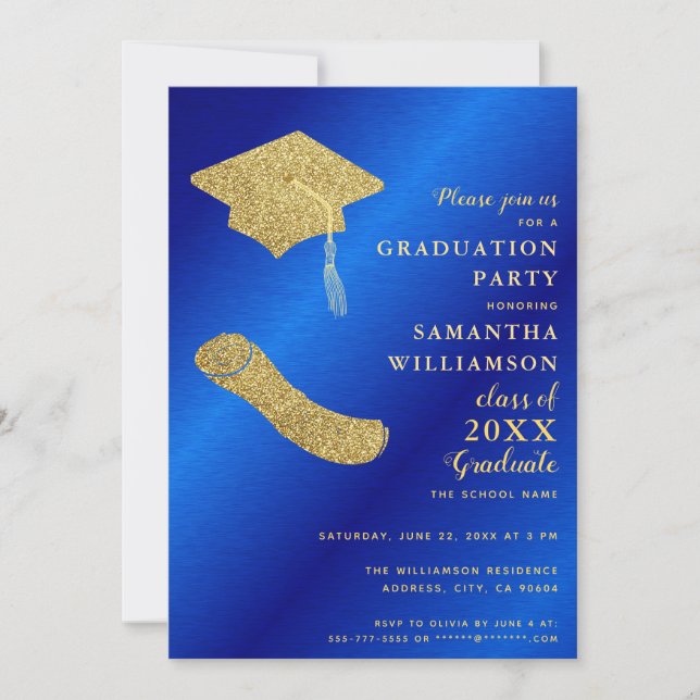 Invitation Élégant Royal Blue et Gold Graduation (Devant)
