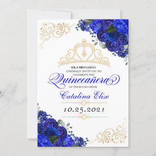 Invitation Elégant Royal Blue Floral Quinceanera Anniversaire