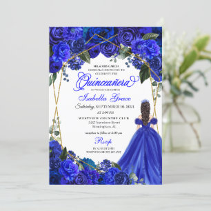 Invitation Elégant Royal Blue Floral Quinceanera Anniversaire