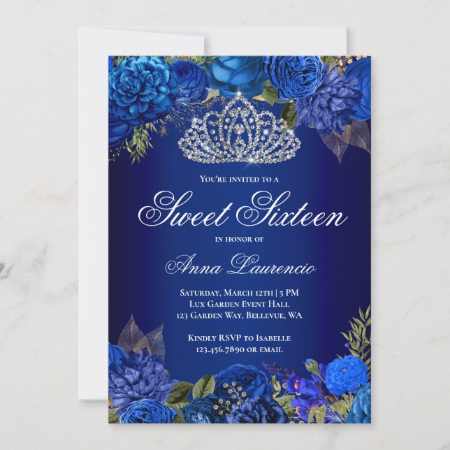 Invitation Elégant Royal Blue Floral Sweet sixteen (Devant)