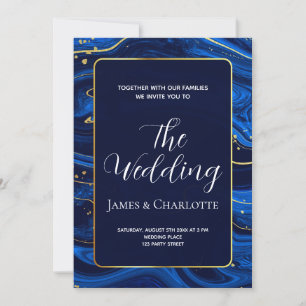 Invitation Élégant Royal Blue Gold Lace QR Code Mariage