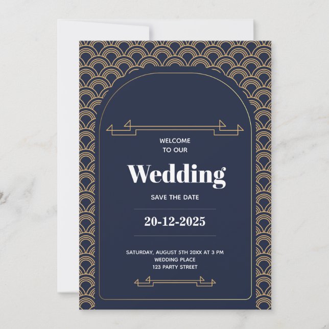 Invitation Élégant Royal Blue Gold Lace QR Code Mariage (Devant)