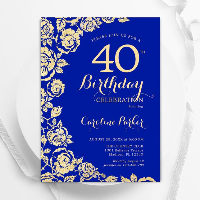 Invitation Elégant Royal Blue Gold Roses 40e anniversaire (Créateur téléchargé)