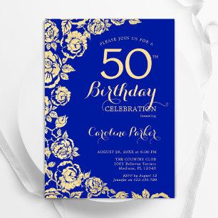 Invitation Elégant Royal Blue Gold Roses 50e anniversaire