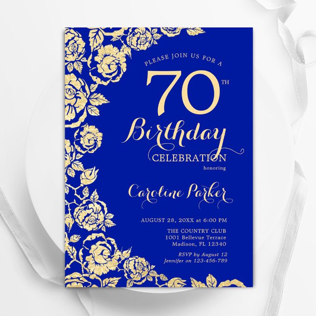 Invitation Elégant Royal Blue Gold Roses 70e anniversaire (Créateur téléchargé)