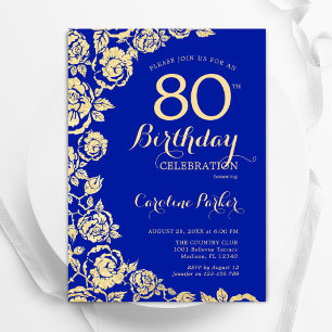 Invitation Elégant Royal Blue Gold Roses 80e anniversaire