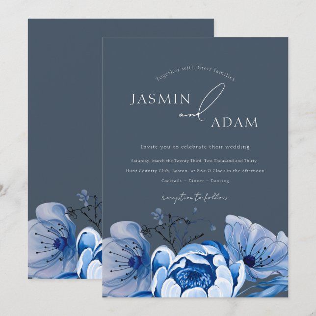Invitation Élégant Royal Blue Opulence Floral Rose Mariage (Devant / Derrière)