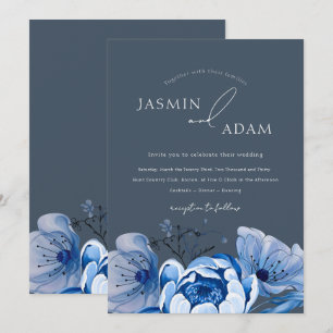 Invitation Élégant Royal Blue Opulence Floral Rose Mariage