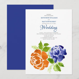 Invitation Elégant Royal Blue Orange Floral Mariage été