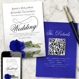 Invitation Elégant Royal Blue Rose Fancy QR Code Mariage